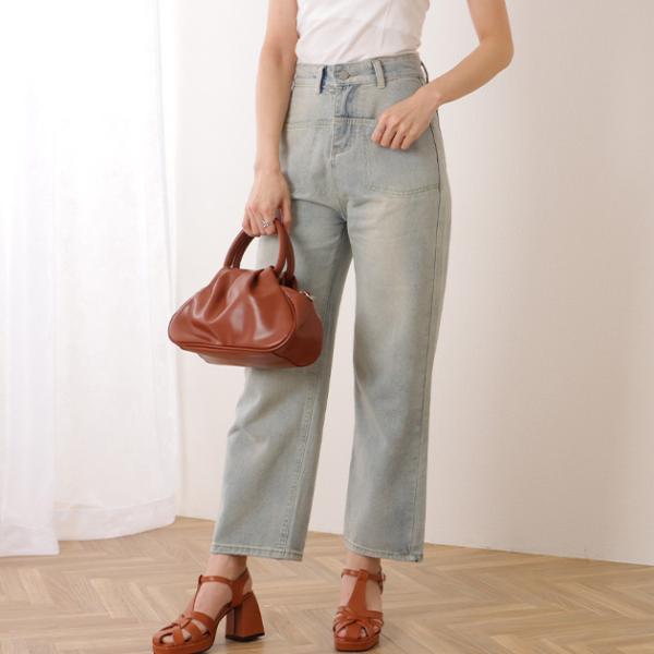 ハイウエスト エイジング ストレート デニム パンツ 女性 レディース ズボン ボトム ジーンズ 夏...