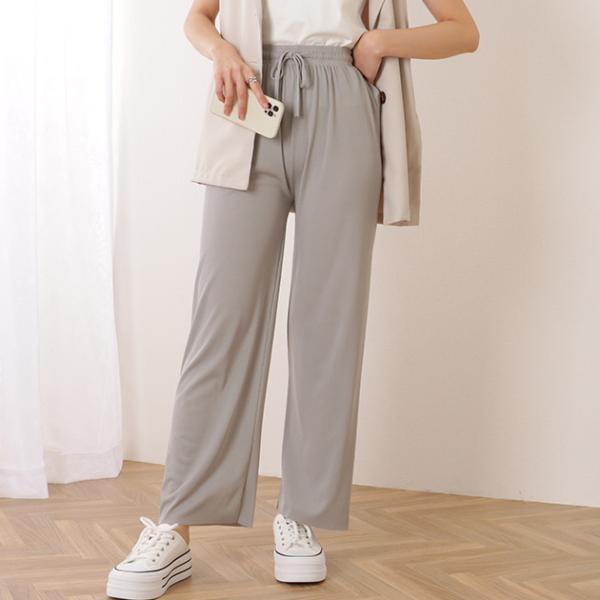 ウエスト イージー 9分丈 リブ ワイド パンツ 女性 レディース ズボン ボトム 夏 薄手 リラク...