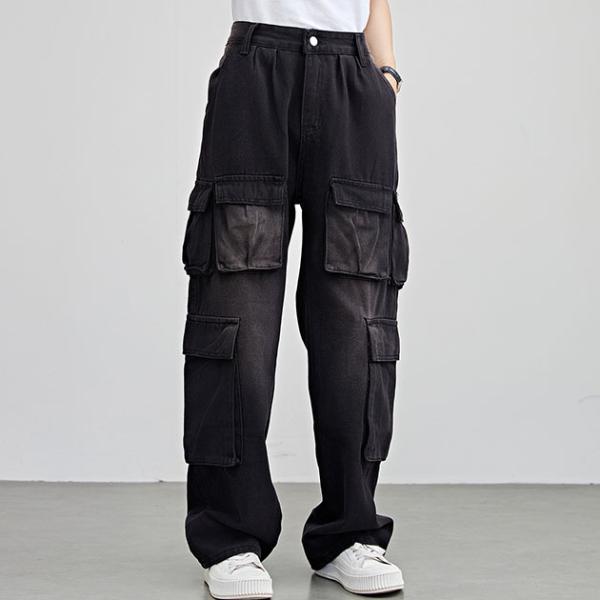 ハイウエスト 多ポケット デニム ワイド カーゴパンツ 女性 レディース ボトム ズボン 春 夏 秋...
