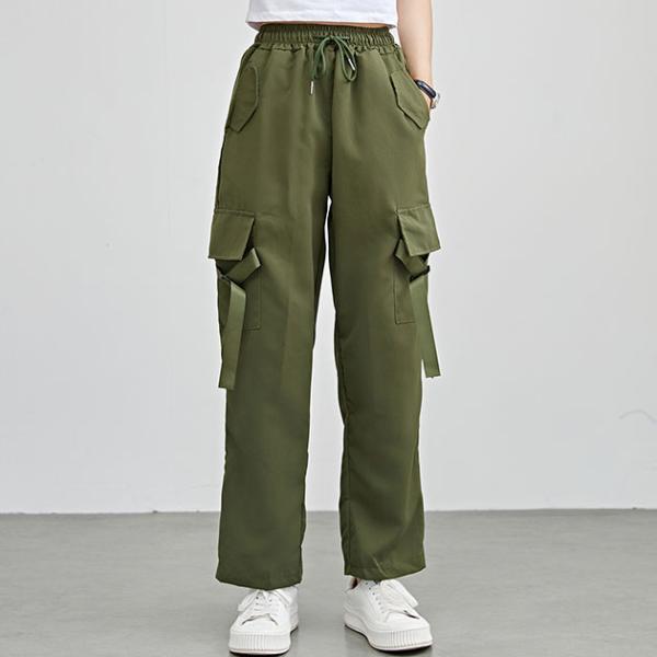 ソリッドカラー ワイド イージー ベルトループポケット カーゴパンツ 女性 レディース ボトム ズボ...