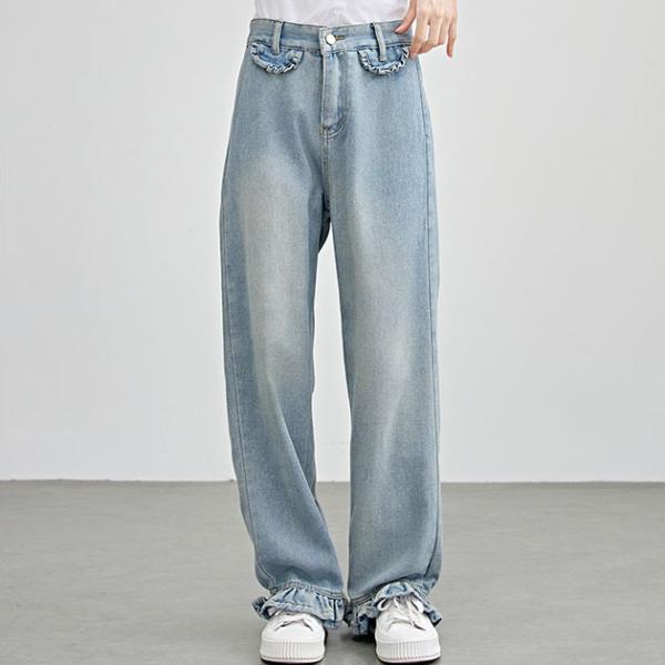 ハイウエスト セミワイド フリル デニム パンツ 女性 レディース ボトム ズボン ジーンズ Gパン...