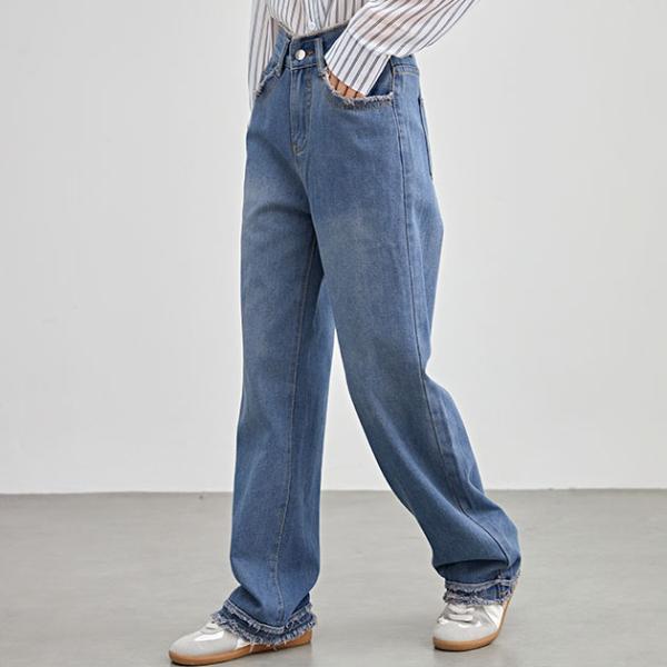 ハイウエスト フリンジ ワイド デニム パンツ 女性 レディース ジーンズ Gパン ボトム 春 夏 ...