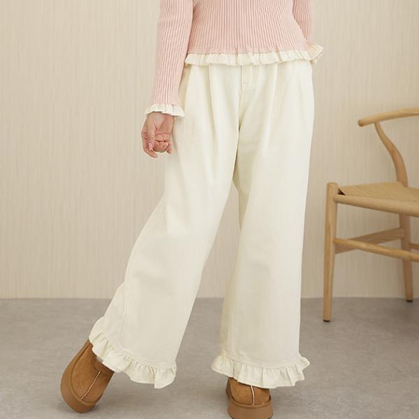 裾フリル フロント タック イージー ワイド パンツ 女性 レディース ズボン ボトム 春 秋 冬 ...