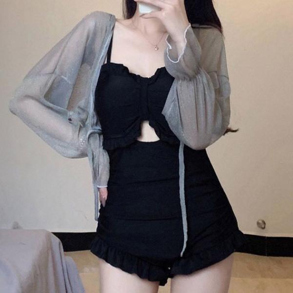 ハートネック カットアウト フリル ワンピース 水着 女性 レディース スイムウエア キャミソール ...