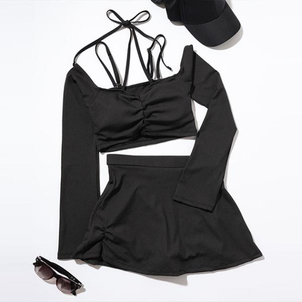 【2点セット】ソリッドカラー オフショル ロングスリーブ スイムウエア 女性 レディース 水着 ラッ...