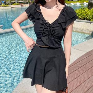 【2点セット】フリル ギャザー スカート タンキニ 女性 レディース スイムウエア セパレート 水着 ラッシュガード 単色 無地 凹凸 ミニ｜レースレディース