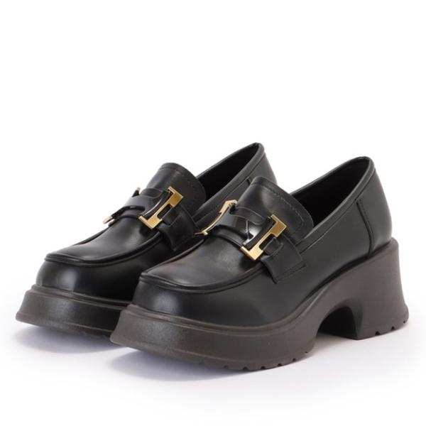 レザー調 バックル付き 厚底 クラシック ローファー 女性 レディース メンズライク 靴 合成皮革 ...