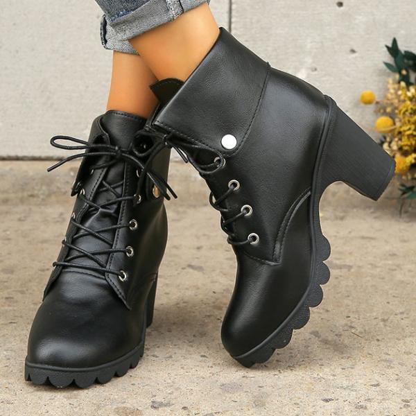 レザー調 折り返し レースアップ ショート ブーツ 女性 レディース 靴 シューズ 長靴 秋 冬 合...