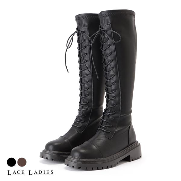 ロングブーツ スムース スエー エナメル 太ヒール ロング ブーツ 厚底 レディース ヒール レース...