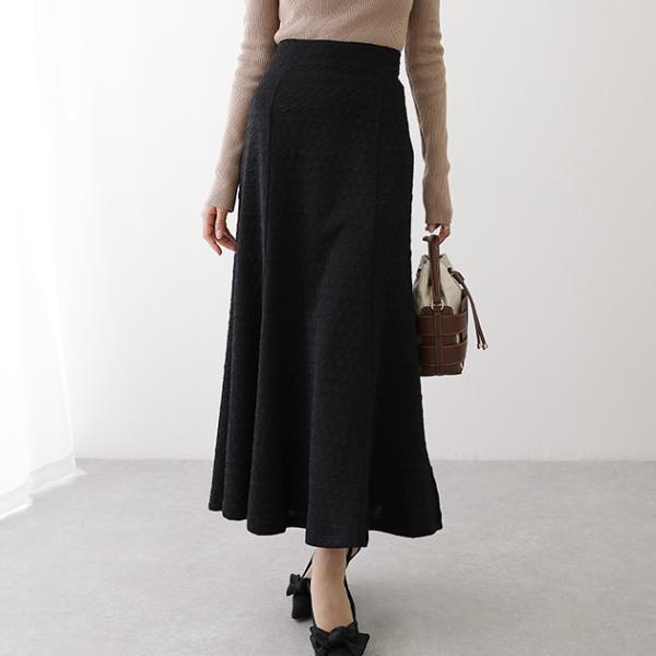 ジャガード バック レースアップ ロング スカート ボトムス 女性 レディース 秋 冬 単色 ワンカ...