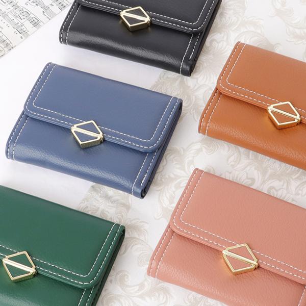 スクエア モチーフ付き レザー調 ステッチ 三つ折り財布 女性 レディース ウォレット 小銭入れ 春...