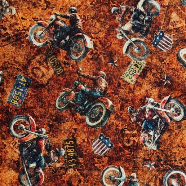USAコットン Motorcycles(オートバイ)Rust錆色 シーチング生地 Stars, St...
