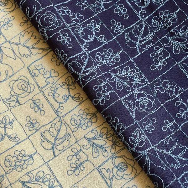 国産 綿麻キャンバス刺繍 生地 金沢産 日本製 110cm 植物パッチワーク柄刺しゅう【生成×ブルー...