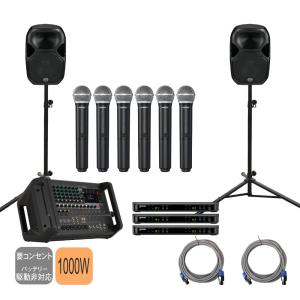 SHURE ワイヤレスマイク6本付 屋外対応 イベントセット YAMAHA ヤマハ 高出力パワードミキサー + 高耐入力スピーカー2本セット EMX7 スピーカー2本｜merry-net