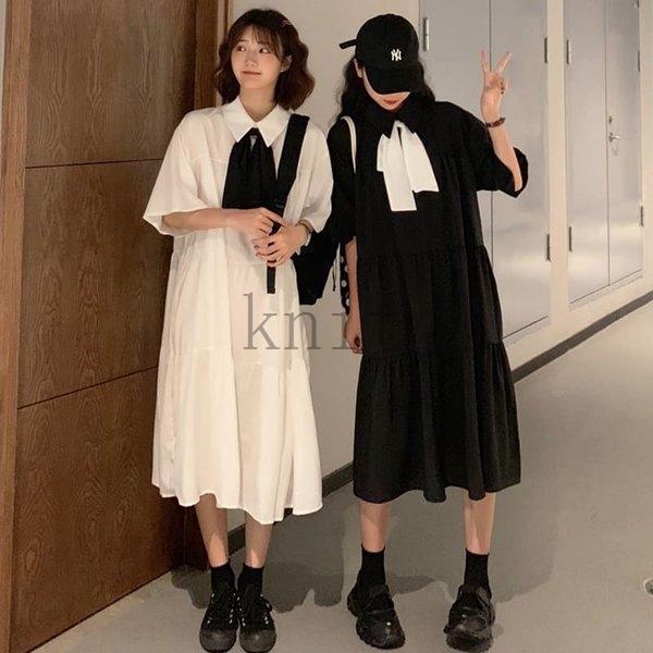 高校生中学生ファッション半袖夏ワンピースシャツワンピ黒ブラックおしゃれかわいい韓国大きいサイズ10代...