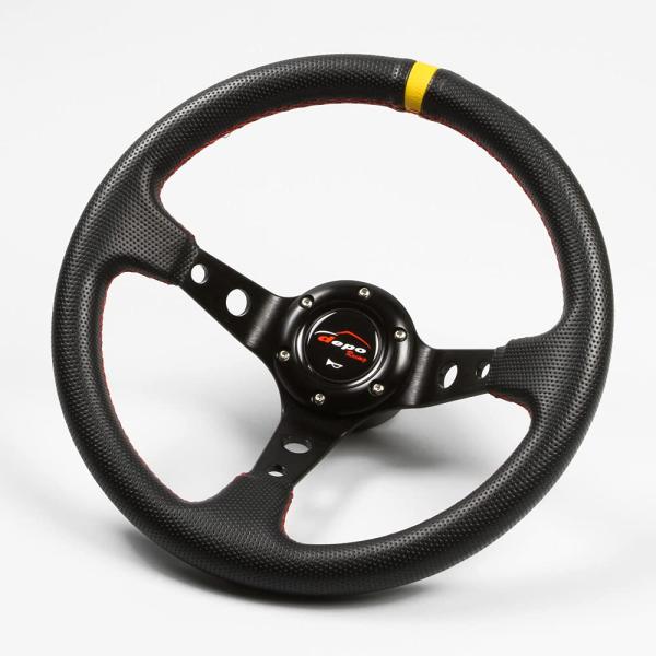 ステアリング 32φ ディープコーン 70mm パンチング加工PVC 赤色クロスステッチ イエロート...