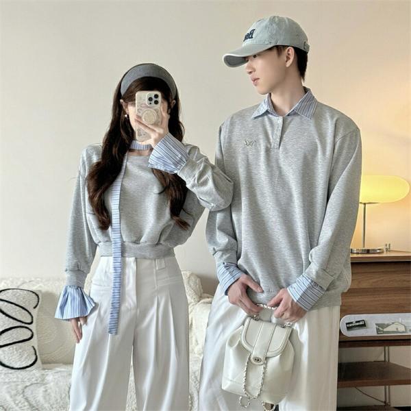 ペアルック セーター 冬 パーカー つなぎ 着痩せ 秋冬 ニット 重ね着レイヤード uネック 長袖 ...