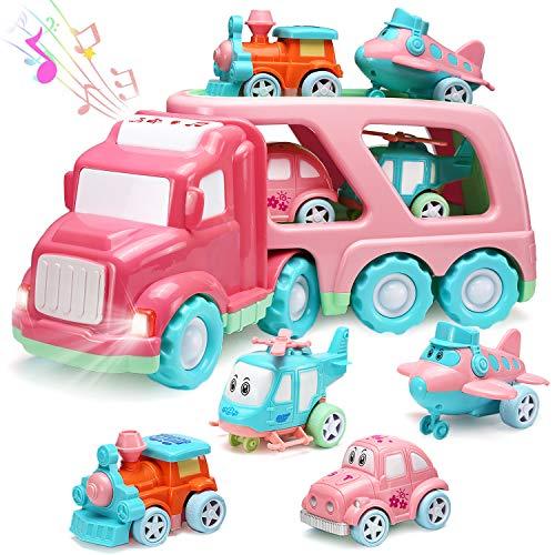 ライトとサウンド付きのキャリアカーおもちゃセット（5 in 1）女の子のためのピンクのおもちゃ幼児子...