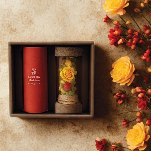 【微煙】進物　香茶葉 線香・お花セット 丸叶むらた お線香ギフト（全9種）プリザーブドフラワーとお線...