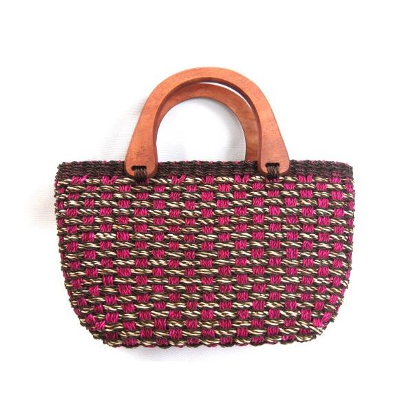 フィリピン セブ島 アバカとウッドのかごバッグ ブラウン×ピンク 上部ファスナー付き