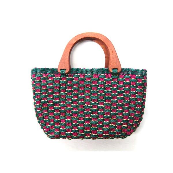 フィリピン セブ島 アバカとウッドのかごバッグ グリーン×ピンク 上部ファスナー付き