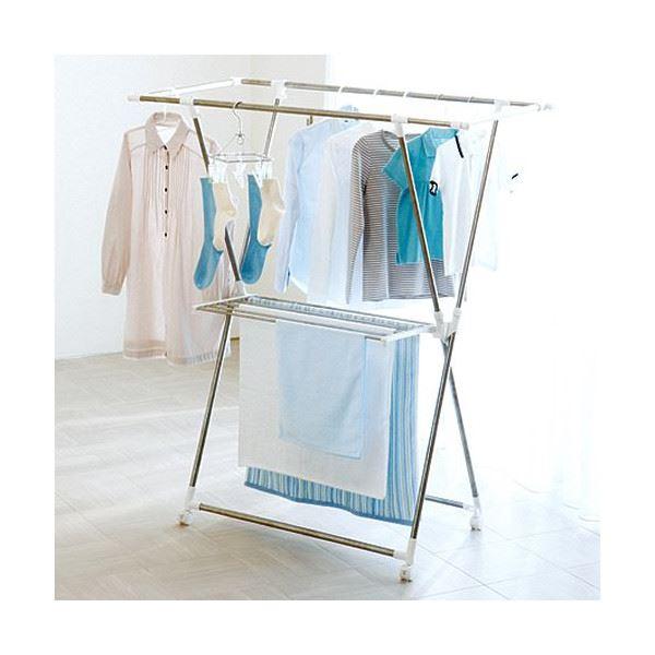 伸縮式室内物干しスタンド/洗濯物干し 〔X型〕 折りたたみ キャスター付き ポーリッシュ