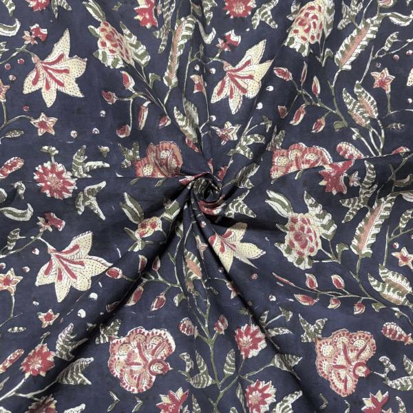 【50cm単位】濃紺ブラックベージュテラコッタフラワー　インド　ハンドブロックプリント生地　テキスタ...