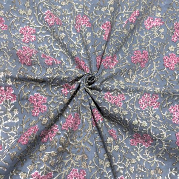 【50cm単位】ダークグレーピンクフラワーグリーンつる　インド　ハンドブロックプリント生地　テキスタ...