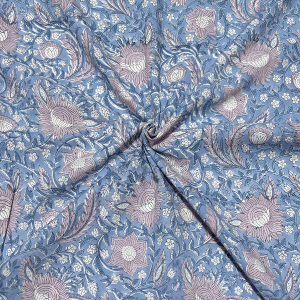 【50cm単位】グレイッシュブルーベージュフラワー　インド　ハンドブロックプリント生地　テキスタイル...
