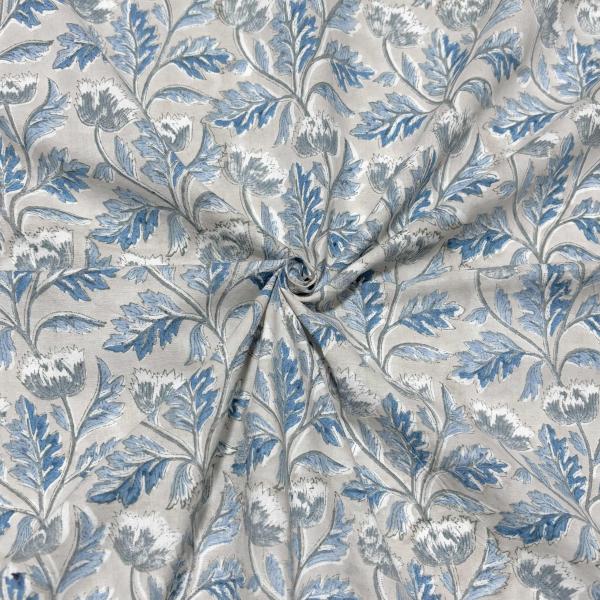 【50cm単位】ペールグレーブルーグレーフラワー　インド　ハンドブロックプリント生地　テキスタイル ...