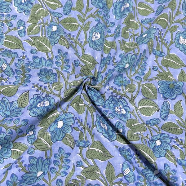 【50cm単位】スモーキーブルーマリンブルーフラワー　インド　ハンドブロックプリント生地　テキスタイ...