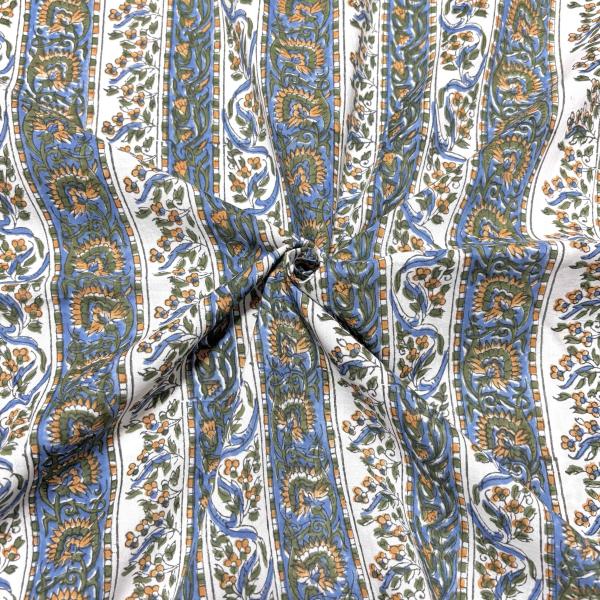 【50cm単位】ホワイトブルーイエローフラワーストライプ　インド　ハンドブロックプリント生地　テキス...