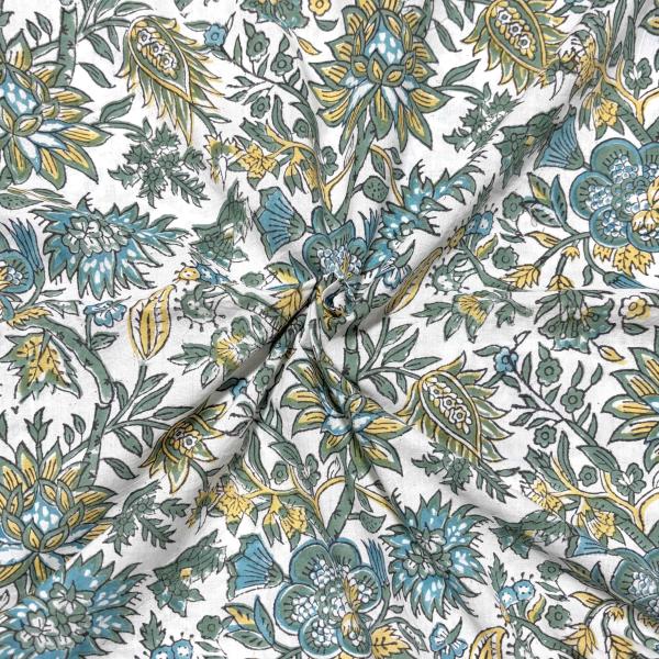 【50cm単位】ホワイトターコイズイエローフラワー　インド　ハンドブロックプリント生地　テキスタイル...