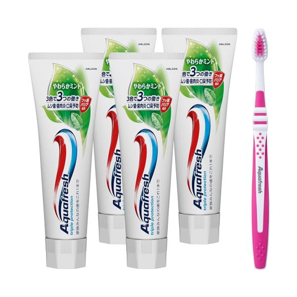 Aquafresh アクアフレッシュ やわらかミント 歯磨き粉 140g 【医薬部外品】 4本+歯ブ...