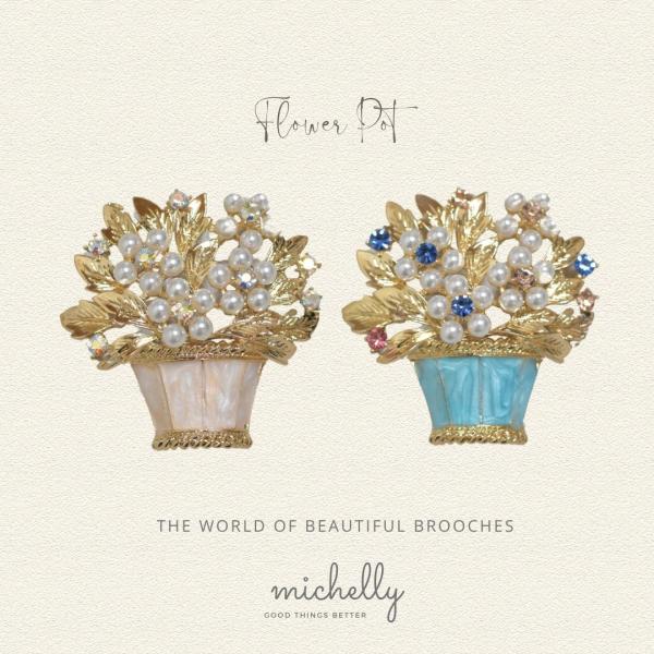 ブローチ フラワーポット 花かご ピンク ブルー ゴールド ラインストーン
