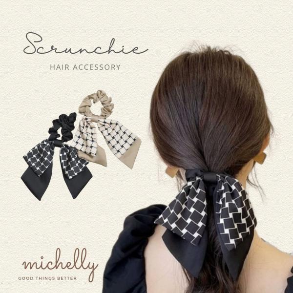 シュシュ リボン 格子 柄 黒 ベージュ ブラック 大きめ サテン 大人 きれいめ 上品 かわいい ...