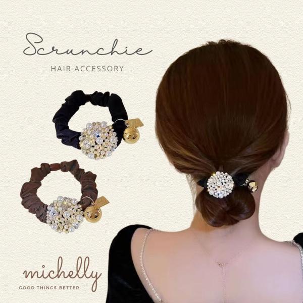 ヘアゴム パール ビジュー シュシュ 上品 高見え 結婚式 ブラック ブラウン サテン ゴールド ヘ...