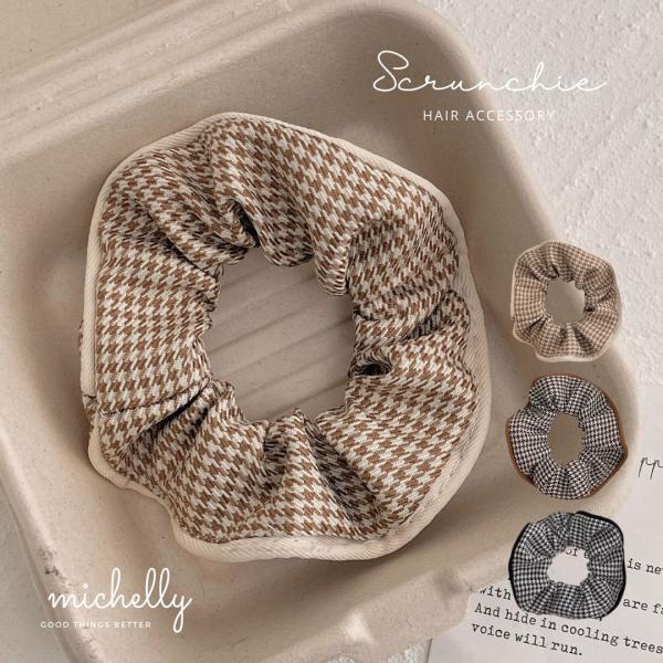 シュシュ 千鳥格子 ヘアゴム くすみカラー 大人可愛い 上品 ふんわり こなれ感 ヘアアレンジ おし...
