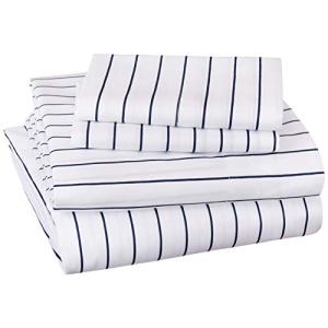 Amazonベーシック 寝具カバーセット マイクロファイバー 伸縮性ポケット付き ネイビーピンストライプ クイーン