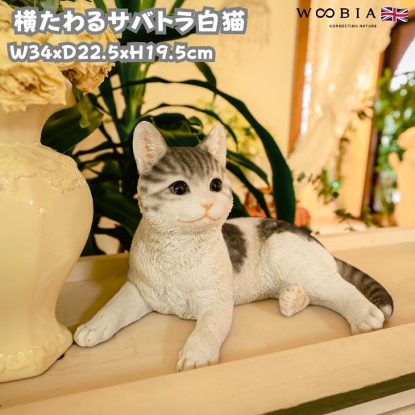 置物 動物 かわいい 横たわるサバトラ白猫 ネコ 高さ19.5cm woobia おしゃれ 大きい ...