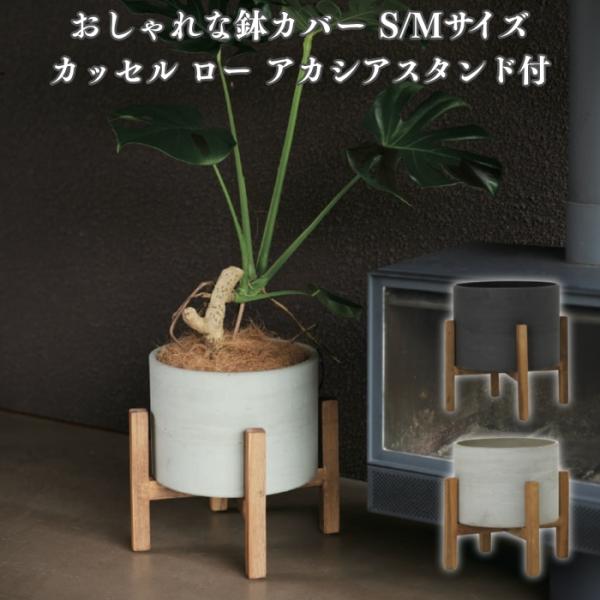 鉢カバー おしゃれ 大型 カッセル ロー アカシアスタンド付 15号 11号 ファイバーセメント 室...