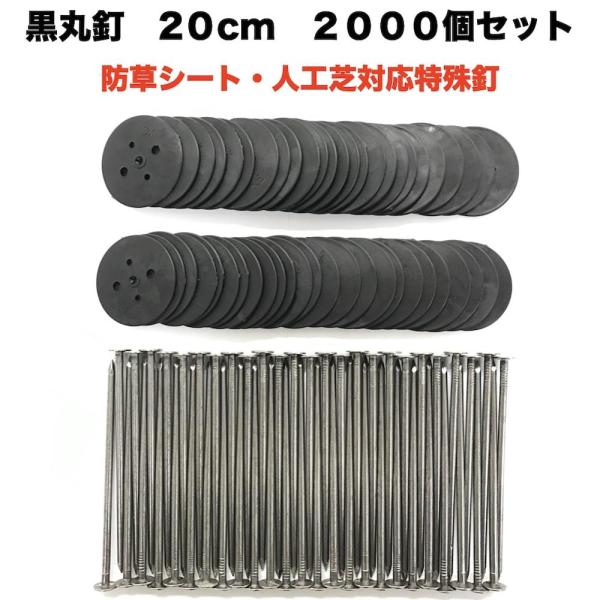 黒丸釘セット 黒丸板2000枚+20cm釘2000本セット ロング 防草シート 人工芝 押さえ用  ...