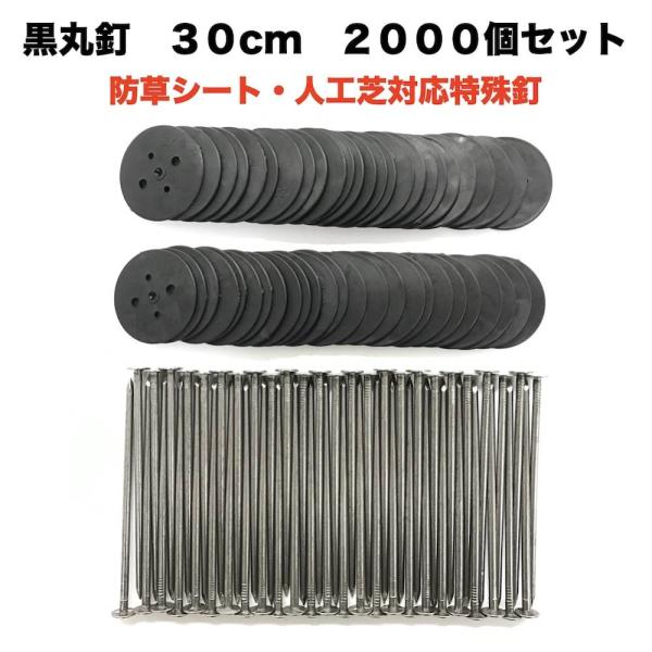 黒丸釘セット 黒丸板2000枚+30cm釘2000本セット ロング 防草シート 人工芝 押さえ用  ...