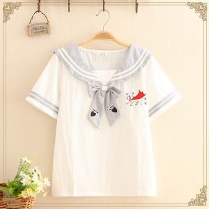 森ガール 半袖 シャツ ブラウス セーラー服 海軍風 猫ちゃん