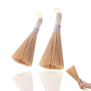 竹ささら キッチンブラシ 2個入り 天然植物繊維 長さは25 cm ポットブラシ 鍋 フライパン洗いブラシ 竹製 柄付き 抗菌 ポット洗浄 中華