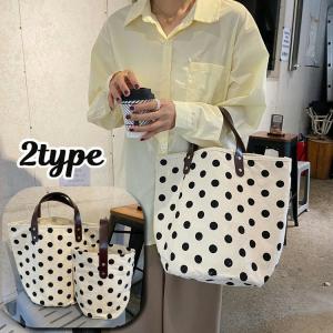 トートバッグ 手提げバッグ キャンバス地 レディース 女性 婦人用 ドット柄 水玉 プリント カジュアル バケツ型 おしゃれ かわいい デイリー 普段
