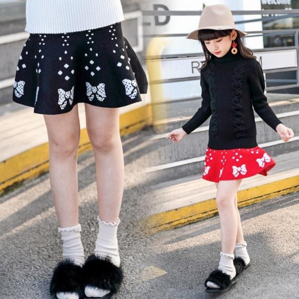 ニットスカート フレアスカート ミニスカート 秋冬 子供服 こども服 ボトムス リボン柄 可愛い ガ...