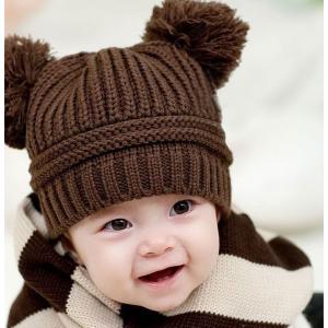 子供用 帽子 ニット帽 ボンボン付き リブニット 手編み風 ニットキャップ 赤ちゃん ベビー シンプル 無地 冬帽子