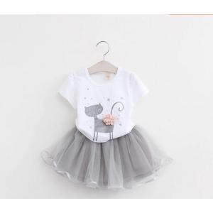 セットアップ セット ２点セット キッズ 女の子 Tシャツ プチプラ 半袖 猫 花飾り スカート ミニ チュチュスカート 可愛い かわい きれいめ プ