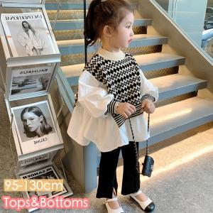 異素材ブラウス ニット 切り替え ロングパンツ ベルボトムパンツ 子供 キッズ ベビー 女の子 長袖 クルーネック リブ パフスリーブ 長ズボン ウエ｜mignonlindo